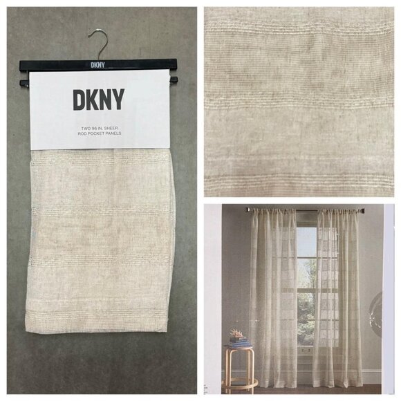 DKNY 50 x 95 Shoreline Sheer Beige Tan Natural Curtains Drapes Striped Stripes - Picture 1 of 7